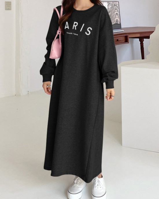 Women Sweatshirt Letter Printed Calf Length O  Neck Casual Midi Dresses