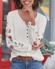 Bohemian Women Side Floral Embroidery Button Vintage Long Sleeve Casual T  Shirts