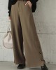 Women Pure Color Side Button Elastic Waist Casual Wide Leg Pants With Pocket